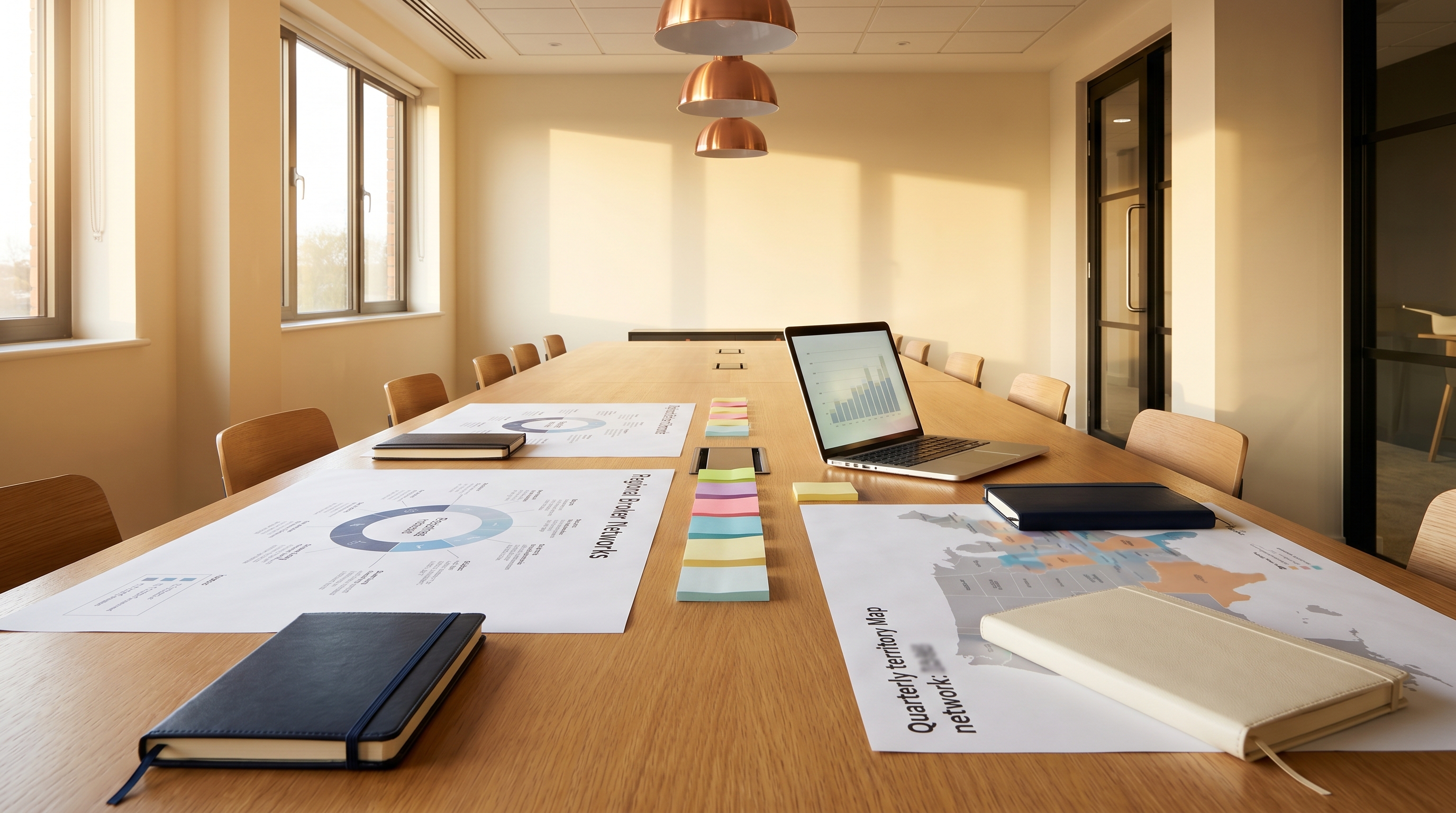 Modern open-plan strategy room with a long oak conference table, a regional broker network diagram, and a quarterly territory map.